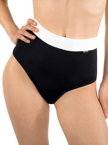 MYLILY Perioden Bikinihose Schwarz Damen | High Waist Bikinihose mit weißem Bund | Perioden Bikini High Waist | Perioden Bademode zum Schwimmen | Perioden Badehose Schwarz Weiß