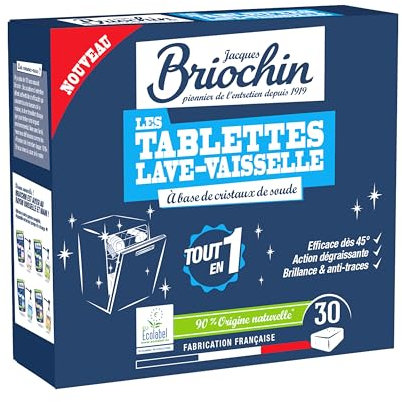 JACQUES BRIOCHIN - 30 tablette lave-vaisselle sans parfum - Action puissante contre les taches - Dégraissante - Brillance et Anti-trace - 90% d'Origine Naturelle - x30
