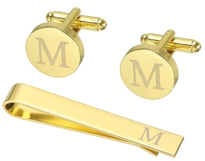 PATIKIL Gemelos Para Hombre, Set De Clip Para Corbata Y Gemelos Personalizados Con Inicial Clásicos De Cobre Para Padre Esposo Hijo, Letra M (Tonoro Dorado)