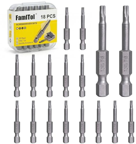 FamlTol 18 Stück T15 Torx Bit 50 mm Schraubendreher Bits Set 1/4 Sechskantschaft S2 Schrauberbits Ersatz Bits für Elektrowerkzeuge Elektronik Haushaltsgeräte und Kfz-Reparaturen