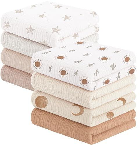 Susurration Mulltücher Baby Spucktücher,8er-Pack 100% Baumwolle Spucktücher Baby für Jungen und Mädchen, Weich, Atmungsaktiv und Extrem Saugfähig Musselin 60x60cm(Braun)