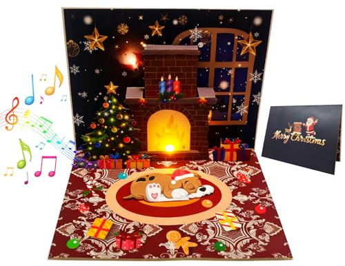 LMSHOWOWO Weihnachtskarten mit Umschlag, 3D Pop Up Weihnachtskarte mit Licht und Musik, Pop Up Karte Weihnachten Weihnachtsbaum Weihnachtshund für Mädchen Jungen Frauen Männer Weihnachten Geschenk