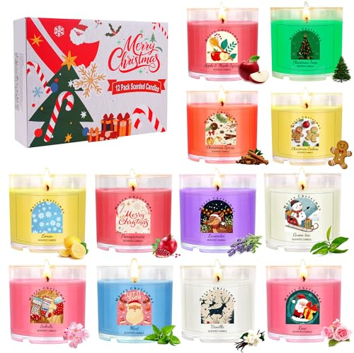 Candele Profumate Natalizie 12 articoli, Regali natale, Candele Natalizie Decorative 100% Cera di Soia Naturale 12x 2.5oz Casa Candele | Regali Natale per Famiglia, Amici, Colleghi, Moglie