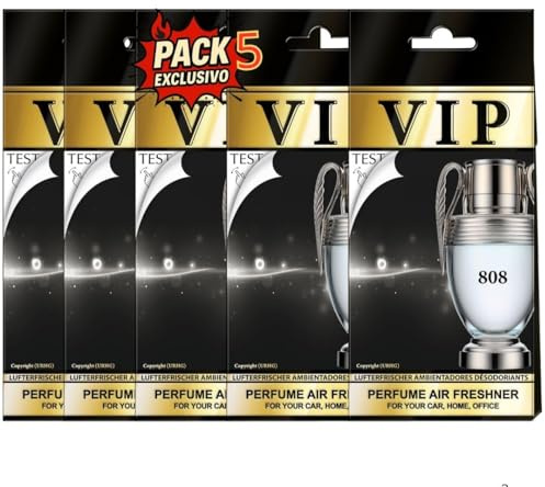 Ambientadores coche CARIBI VIP PACK 5 | Aromas prémium de larga duración en celulosa perfumada | Ambientadores de lujo para coche, hogar y oficina – Fragancias intensas y elegantes (VIP 808 PERFUME)