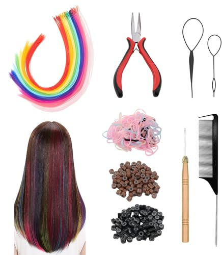 QINGYIWL 100 Pezzi Ciocche Colorate per Capelli, 10 Colori Extension Capelli Colorati con 100 Microring per Extension e 1 Uncinetto e 1 Pinze