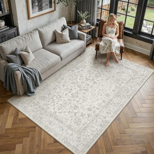 PureCozy Teppich Wohnzimmer 150x210cm Wohnzimmerteppich Grau Vintage Tepich | Weicher Kurzflor, Rutschfest, Pflegeleicht, Schlafzimmer, Esszimmer, Büro ,Kinderzimmer,Bettvorleger Carpet