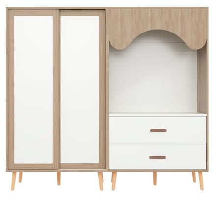 Armadio per ragazzi con porta scorrevole + guardaroba aperto, set di mobili combinati, combinazione di colori bianco + legno naturale, altezza 141,5 cm