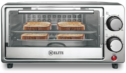 Kitchen Elite - Horno tostador de 4 rebanadas, aparato compacto de encimera con charola para hornear, estante de alambre, temporizador ajustable y control de temperatura, color negro