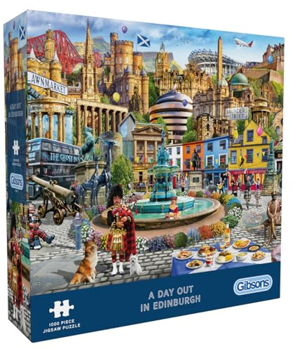 Gibsons A Day Out in Edinburgh 1000 Piece Jigsaw Puzzle for Adults - Iconic City Landmarks Artwork by Adrian Chesterman, Premium Sustainable Puzzle Made in the UK/EU - Great Gift