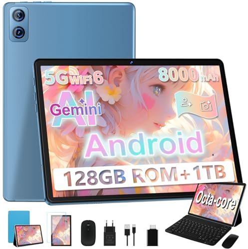Dghrti Tablet 10 pollici Android, 22GB RAM+128GB ROM/TF 1TB, 8-core 2.0GHz, 8000mAh, UFS 2.1 Flash, Corpo in Metallo, 5G WiFi, BT5.0, 8+5MP, Widevine L1, Con Tastiera e Mouse, Blue