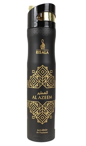 Risala Al Azeem Deodorante per Ambienti, Eau de Parfum, 110 ml, Note Floreali e Agrumate, Fragranza Unisex, Bottiglia Spray Nera con Dettagli Dorati