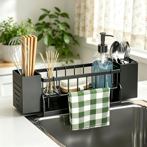 Schwammhalter Spülbecken für Küche und Badezimmer - Ohne Bohren (Schwarz) | Spülbecken Organizer Kitchen Schwammhalter Hängend, Küchen Spüle Sink Organizer mit Spültuchhalter und Aufbewahrungsbox,