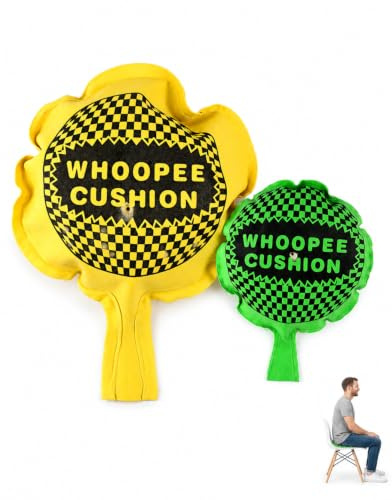 AEUXZA 2 Piezas Cojín de Pedos (Amarillo y Verde), Cojín de Pedos Auto-Hinchable en 2 Tamaños (15cm y 9cm), Divertido Artículo de Broma para Fiestas, Inocentadas y Cumpleaños, Grande y Ruidoso