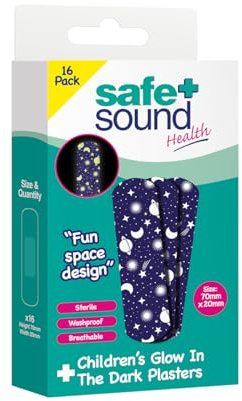 Safe & Sound Children’s Glow in The Dark Plasters – 16 Pack Space Design Waterproof Breathable Kids Plasters 70mm x 20mm Sterile Adhesive Bandages