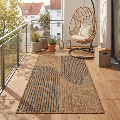 Teppium Outdoor Teppich Schwarz Natur Jute Optik 80x150 cm Balkon Terrasse Garten Wetterfest UV-beständig Mittel Boho Design Flachgewebe Pflegeleicht Robust Modern