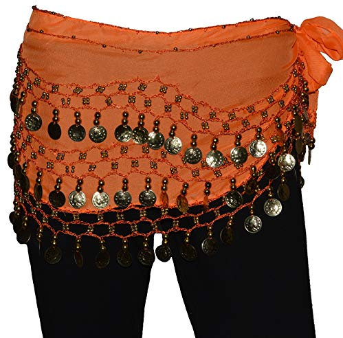 Tanzbekleidung & Accessories BAUCHTANZ MÜNZGÜRTEL HÜFTTUCH BELLY DANCE BAUCHTANZGÜRTEL HIP SCARF KARNEVAL XXL (128 Münzen, Orange)