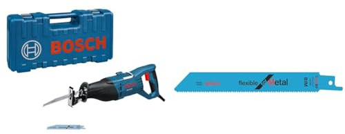 Bosch Professional 060164C800 GSA 1100 E Scie sabre, 1100 W Coffret, Bleu + 5 pièces Lame de scie sabre S 922 BF Flexible for Metal (pour le métal, 150 x 19 x 0,9 mm, Accessoires scie alternative)