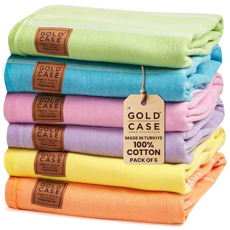 Gold CASE LYCIA Turkish Beach Towel Set of 6 – 100% Cotton Turkish Beach Towels Bulk 70 x 38'' – LYCIA Oversized, Quick Dry & Sand Free Beach Towel – Lightweight Towels Set in Multi Color Tones