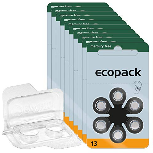 60 x ecopack hörapparatbatterier 13 (orange), 10 x 6 blister PR48 1,4 V förvaringslåda för 2 hörapparatbatterier (alla storlekar), transparent batterilåda för två knappceller upp till 12 mm x 6 mm (Ø