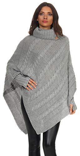 Mississhop Poncho Cape Strick Sweatshirt Pullover Umhang Überwurf mit Stulpen 3012 Grau