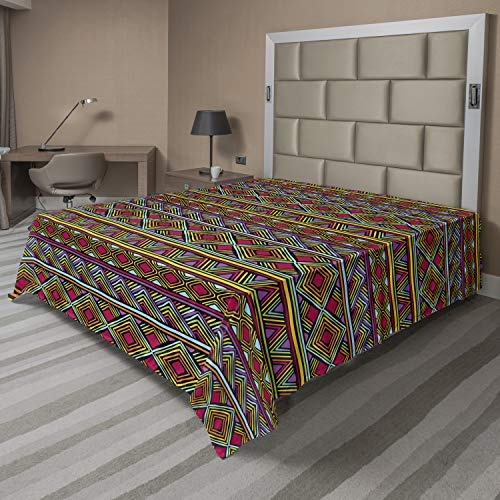Ambesonne African Flat Sheet, Colorful Diamond Motifs with Angled Lines Lively Palette Geometric Borders, Soft Comfortable Top Sheet Decorative Bedding 1 Piece, Queen Size, Multicolor