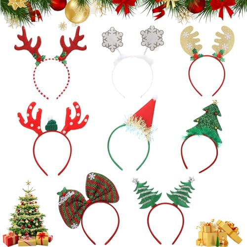 Makone Weihnachtsstirnband, Rentiergeweih Spaß Weihnachtsbaum Weihnachtsmütze Kopfschmuck für Kinder Erwachsene Weihnachten Urlaub(8 Pcs)