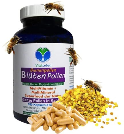 BLÜTENPOLLEN - GANZE Bienenpollen 180 Kapseln Bee Pollen Multi-Vitamin & Multi-Mineral NATUR PUR - OHNE ZUSATZSTOFFE [Imkerqualität]. 26925-180