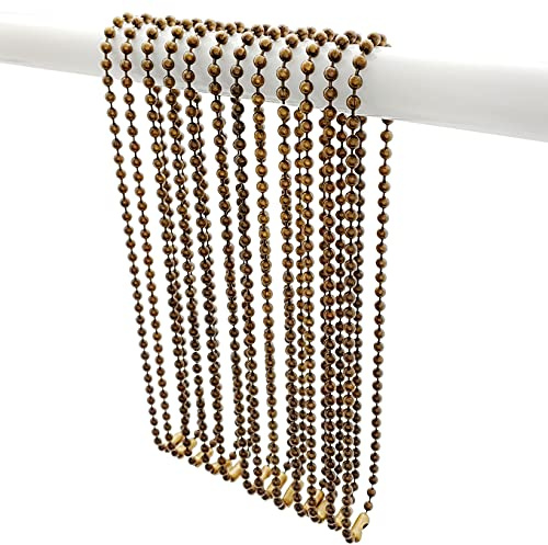 Antique Brass Shower Curtain Hooks, 27 Inch Ball Chain Design, 12 Pack Rust-Resistant Metal Curtain Rings for Bathroom Rods, Heavy Duty 4.5mm Shower Curtain Hangers