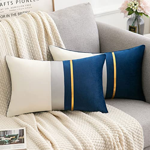 Serento Fundas Cojines 30x50 Lujoso Funda de Almohada Rectangulares Terciopelo Azul Empalme con Rayas Dorado Cubierta Cojín Decoración para Hogar Cama Bancos Sala Sofá Sillas Jardín Exterior,2 Piezas