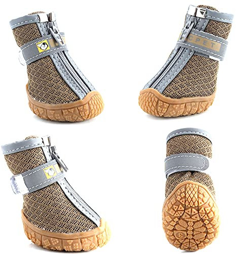 7HAHA3 Haustier-Hundeschuhe Berg Tragbare PVC-Sohlen Hundestiefel mit Rutschfesten Gummisohlen Reflektierende Riemen Zum Gehen Laufen,Brown,4(4.8cm10kg)