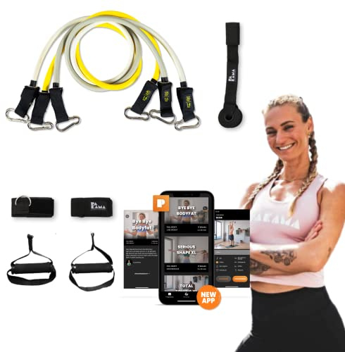 PAKAMA - Premium Widerstandsbänder (inkl. App) mit Stange oder Griffe für Home Workout & Krafttraining Zuhause - Extrem Resistance Bands 4,5kg - 24kg - Fitness-Bänder für bis zu 220kg Widerstand