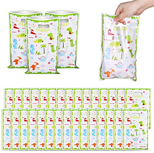 Flintronic 30 st presentpåsar, färgglada presentpåsar, barns födelsedagspåsar, färgglada plastpåsar, födelsedagskalaspåsar/bröllop/jul-liten dinosaurie