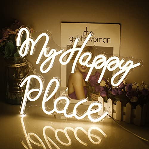My Happy Place Neon Sign, Warm White Neon Lights for Bedroom, Letter Led Sign with USB Powered for Living Room, Wall Decor, Gameroom, Bar