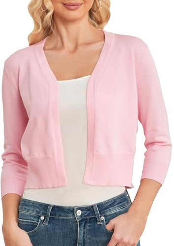 CUNYI Boléro Gilet Femme Élégant Cardigan Manches 3/4 Ouvert Devant Casual Pull Léger Col en V, Rose M