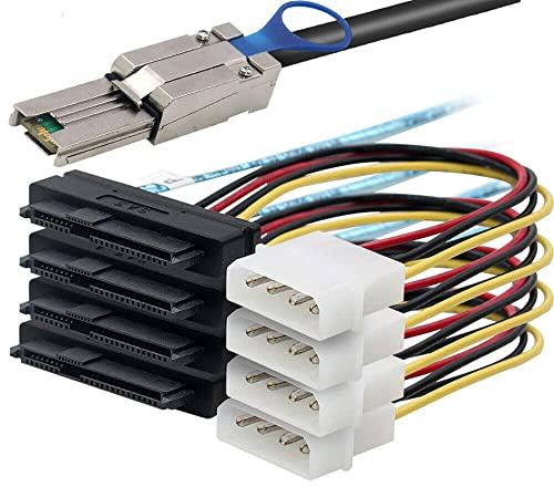 MINI SAS HD SFF-8088 26P till 4 portar SAS SFF-8482 serveradapterkabel med ström (2 m, svart)