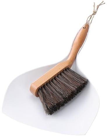 Navaris Juego de Escoba y Recogedor Retro - Cepillo de Crin con Mango de Madera y Pala Pequeña de Mano Negra para Barrer - Recoge Basura y Migas de Pan para Suelos y Mesa - Blanco