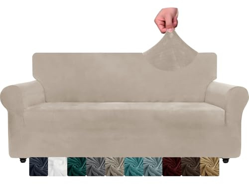 CHELZEN Velvet Couch Covers 3 Seater Thick Stretch Sofa Covers for Dogs Pets Non-Slip Sofa Slipcover Washable Furniture Protector for Living Room (3 Seater, Khaki)