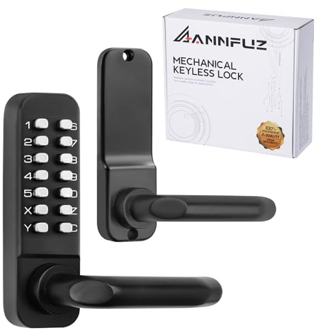 ANNFUZ Digital Keyless Entry Door Lock with Handle,Mechanical Front Gate Lock Set with Single-Sided Keypad,Combination Code Door Lock for Outdoor,Garden,Warehouse,No Electronic,Chrome (Matte Black) | Fits 60 & 70mm Latch,Keyless Push Button Combination Door Handle,For Warehouse,Interior Hold-Opening,Auto Locking,No Battery