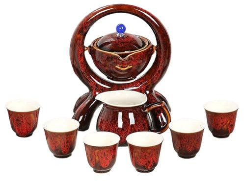 Bafnsiji Chinese Kung Fu Tea Cup Set, Teapot with Handle and 6 Cups, Flamed Glazed Ceramic Tea Cup, Porcelain Chinese Gongfu Tea Set, Portable Teapot Set with 360 Rotation Tea Maker and Infuser,A