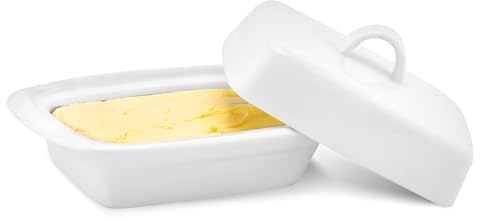 Besto Ceramic Butter Dish with Lid Large | White Butter Container for Countertop 17.5L X 9W X 11.5H (cm) | Ceramic Butter Dishes with Handle | Butter Storage Container for Refrigerator with Lid