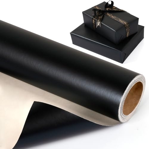 RUIFUN Schwarze Geschenkpapierrolle, einfarbig, mattes Metallic-Geschenkpapier – schwarzes Geschenkpapier für Geburtstag, Weihnachten, Vatertag, Halloween, Abschlussfeier, 43,2 x 100 cm