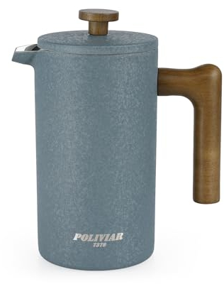 Poliviar - Caffettiera da 8 tazze, caffettiera francese con manico in legno, caffettiera isolata a doppia parete e 1 filtro extra, caffettiera in acciaio inox per caffè e tè, 1 litro