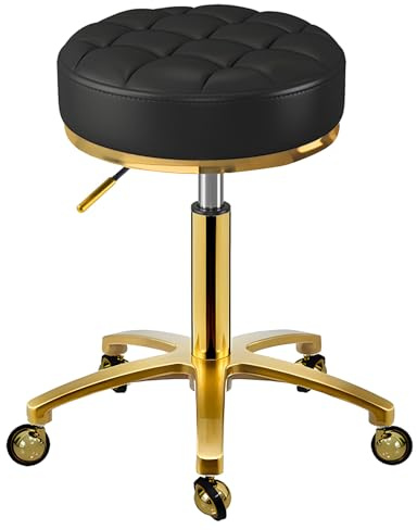 XCRFKGW Rollhocker Gold Hocker mit Rollen, Rund Drehhocker Höhenverstellbar 43-55 cm, Komfort PU Leder Bürohocker Arbeitshocker Belastbar Bis 150kg, Schminkhocker für Massage Salon Spa (Schwarz)