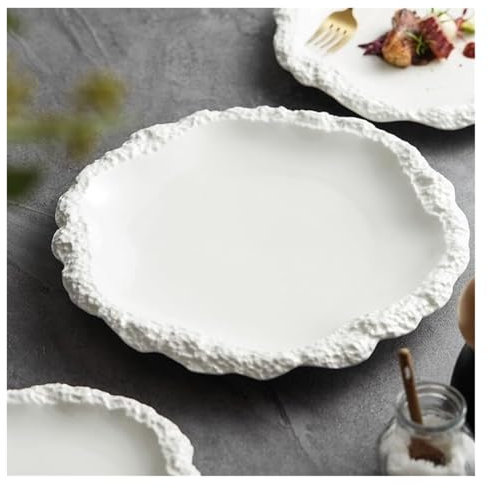 XINRUI Ceramic Appetizer Plates, 10 Inch and 12 Inch Textured Serving Platters, Flat Snack Plates for Dinner Parties, Housewarming, Weddings, Holiday Dinners, Elegant White Ceramic Plates(L)