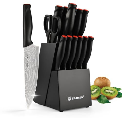 KATISUN Black Edition 15-Piece Knife Set with Self-Sharpening Block – Stainless Steel Kitchen Knives, Chef Knife Set with Comfortable Handles and Built-in Sharpener