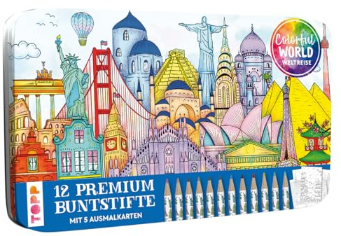 Colorful World Weltreise Designdose mit 12 Buntstiften: 12 Premium Buntstifte mit weichen Minen und 5 Ausmalkarten in Designdose