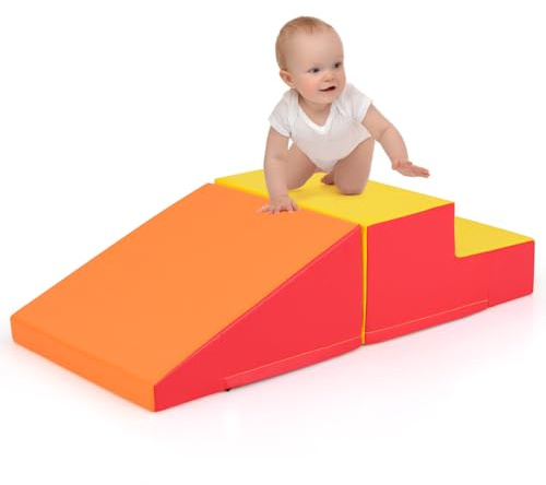 COSTWAY Set di 2 Blocchi per Gattonare e Arrampicare per Neonati e Bambini, Set di Blocchi di Schiuma Morbida per Gioco Attivo Interno, Set di Gioco Morbido per Sviluppo dei Bambini (Giallo e rosso)