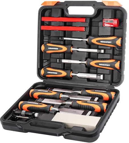 Ezkamfort Set di 13 scalpelli per la lavorazione del legno, strumenti per intaglio del legno, set di scalpelli per legno con pietra per affilare, guida per levigatura e custodia