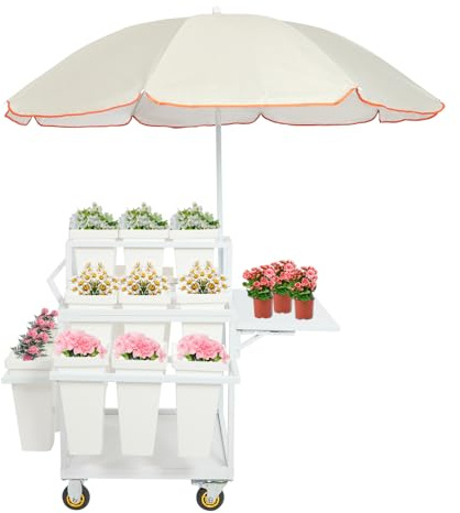 Liffshsy Flower Cart, Metal Outdoor Display Stand with 18 Buckets Umbrella Wheels Garden Cart Rolling Flower Display Rack for Florist Patio Garden Weddings Party(White)