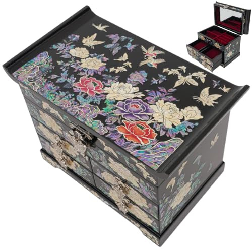 February Mountain Schmuck-Organizer-Box aus Perlmutt aus Holz – Schmuck-Aufbewahrungsbox für Damen, mit geräumigen Schubladen, ideal für Ringe, Armbänder, Uhren, Ketten, Accessoires (Colorful Flowers)